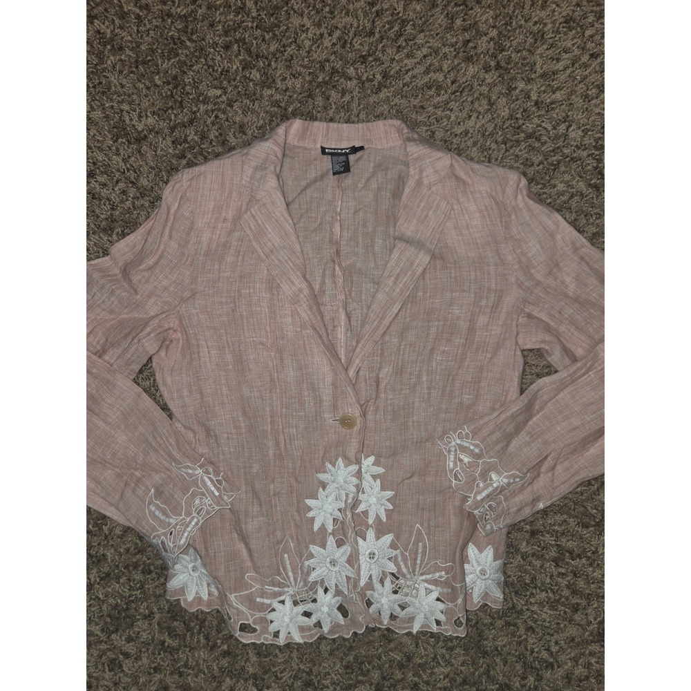 DKNY Donna Karan Pink Linen Blazer Jacket Size 4 Floral Cutout Trim Cottagecore